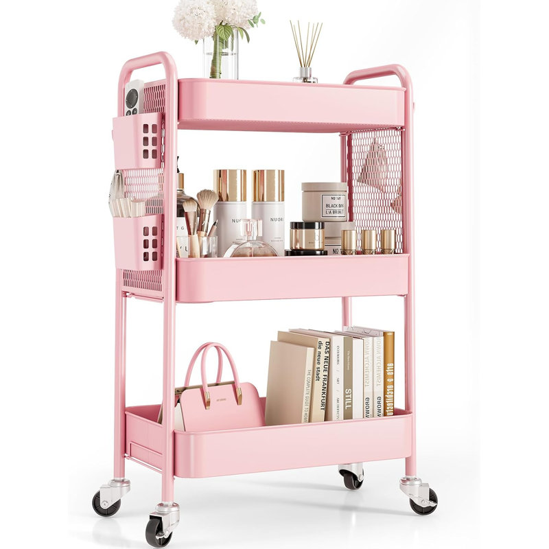 3-Tier Rolling Cart With Wheels & Storage Bins - Heavy Duty Metal Utility Cart With Pegboard, Hooks For Bathroom, Kitchen, Office, Nursery, Craft Room Organization