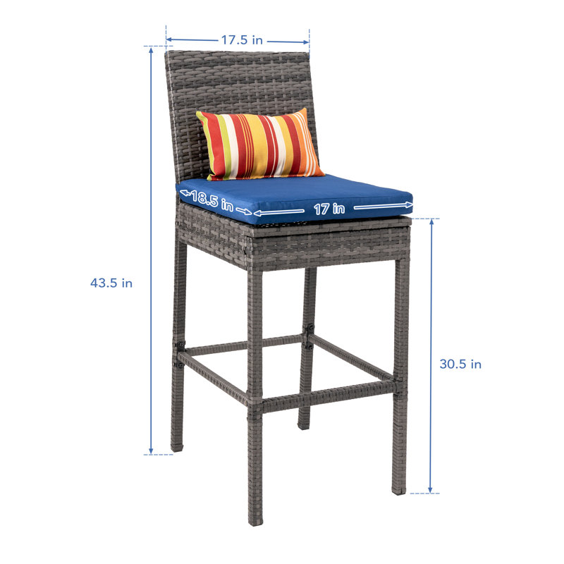 Iliff Polyethylene (PE) Wicker Outdoor 30.5'' Bar Stool with Cushion, Navy, Gray