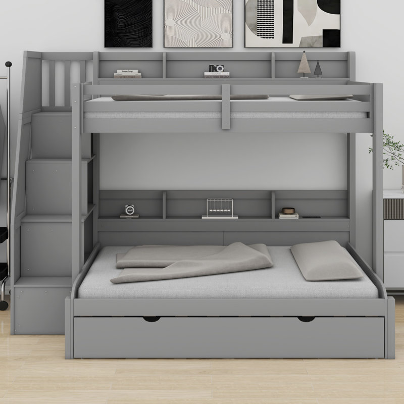Lit superposé avec lit gigogne intégré avec rangement à DEL USB, Gris