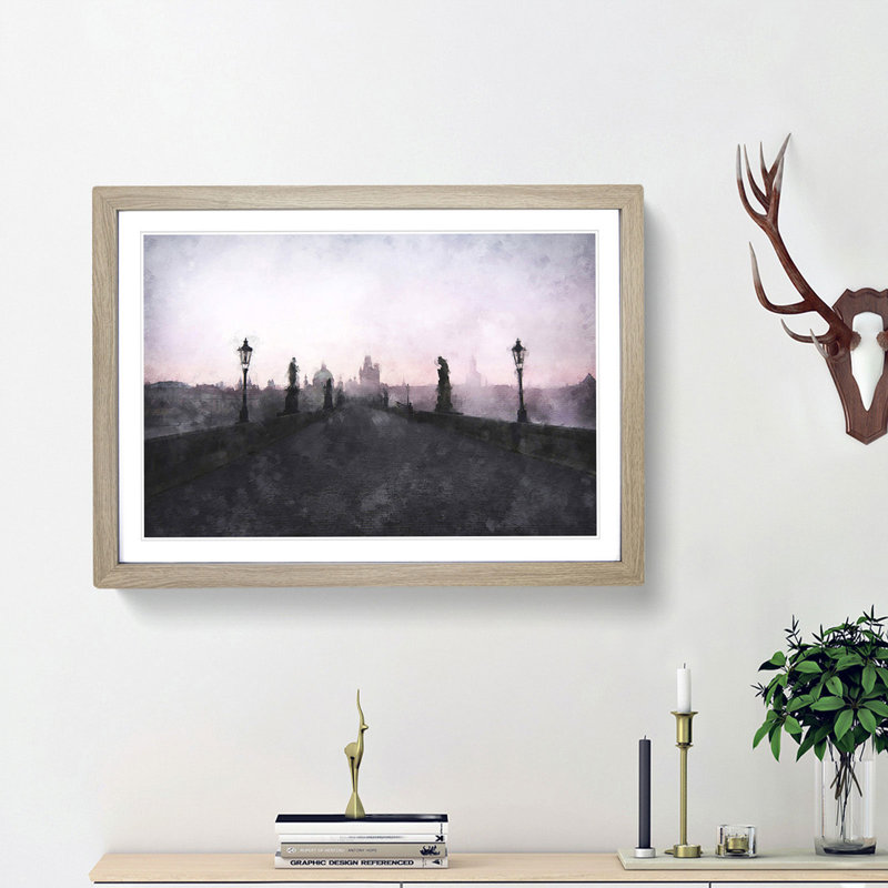 Charles Bridge in Prague - Picture Frame Graphic Art Print, 33cm H x 45cm W x 2cm D, Oak Framed