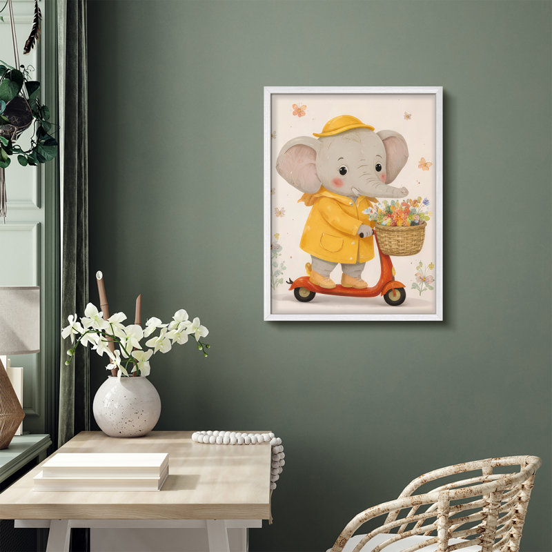 «Cute Elephant Scooter», reproduction d'art encadrée, chambre d'enfant, chambre d'enfant, H 14 po x l 11 po, White