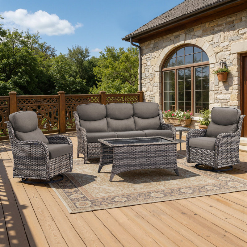 Ensemble de conversation de patio en osier tissé à la main pour 5 personnes avec chaises pivotantes et table d'appoint, coussins en oléfine de 5 po
