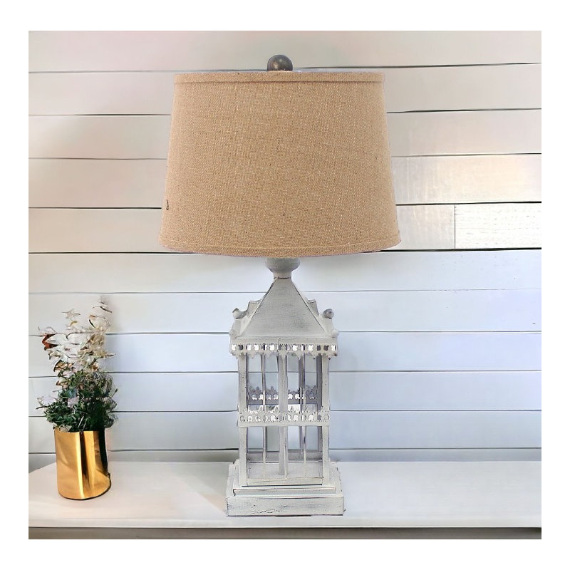 26" Grey Metal Table Lamp With Brown Drum Shade