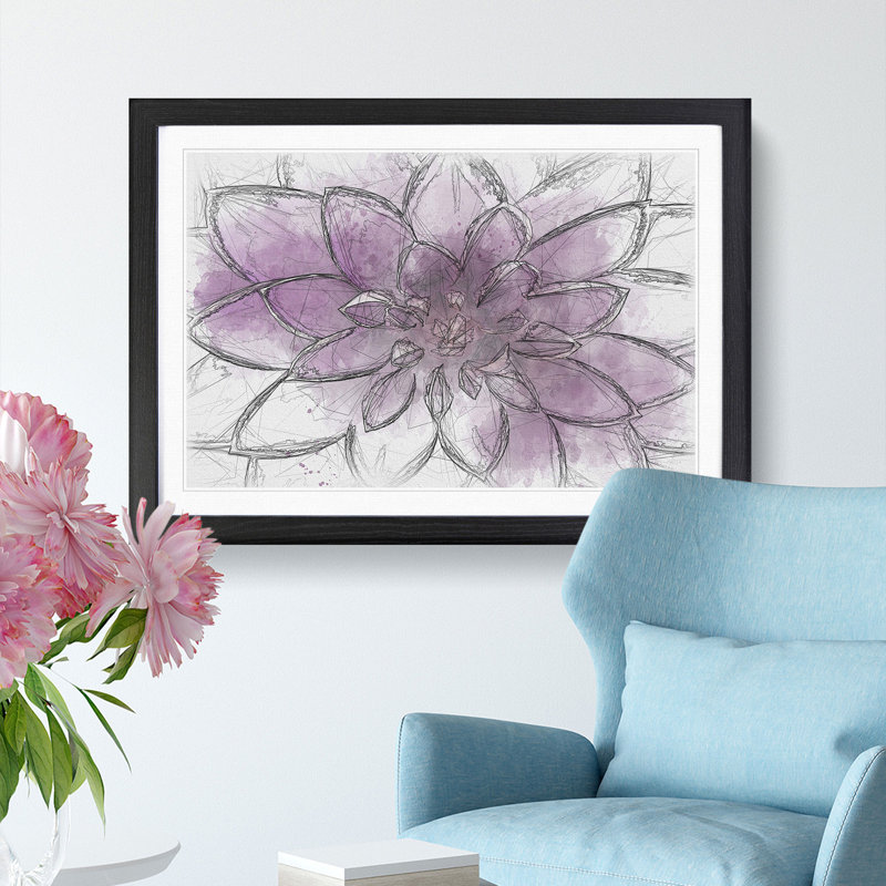 Pink Dahlia Flower Sketch - Picture Frame Graphic Art Print, 45cm H x 63cm W x 2cm D, Black Framed