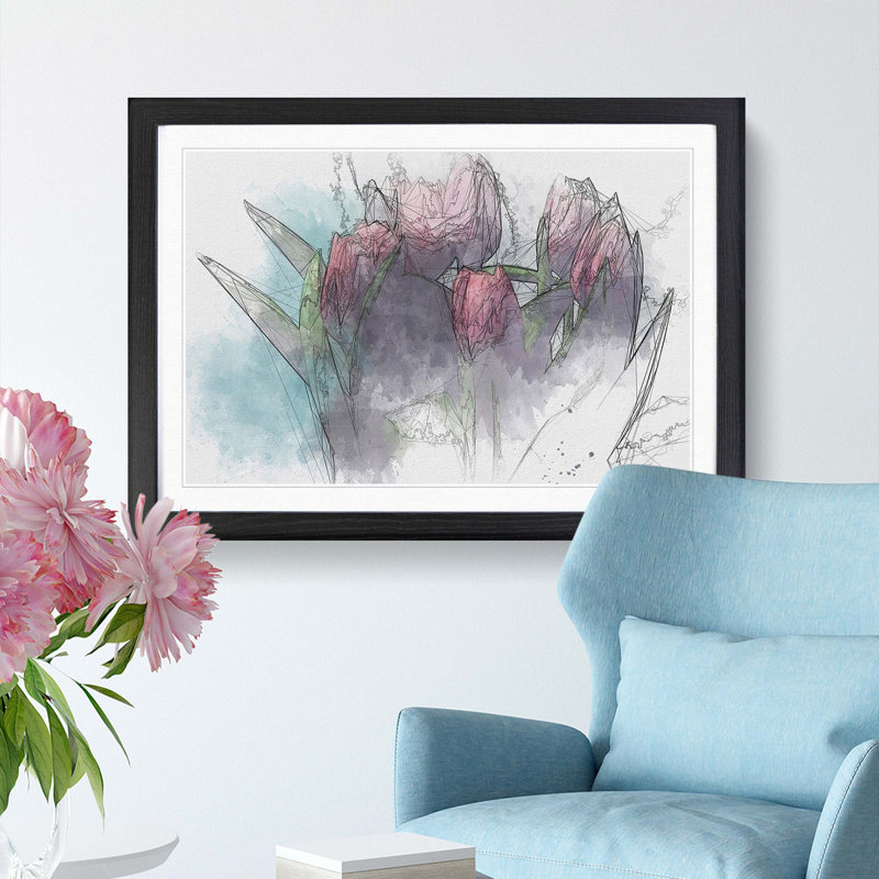 Bouquet of Red Tulips in Abstract - Picture Frame Painting Print, 36cm H x 48cm W x 2cm D, Black Framed