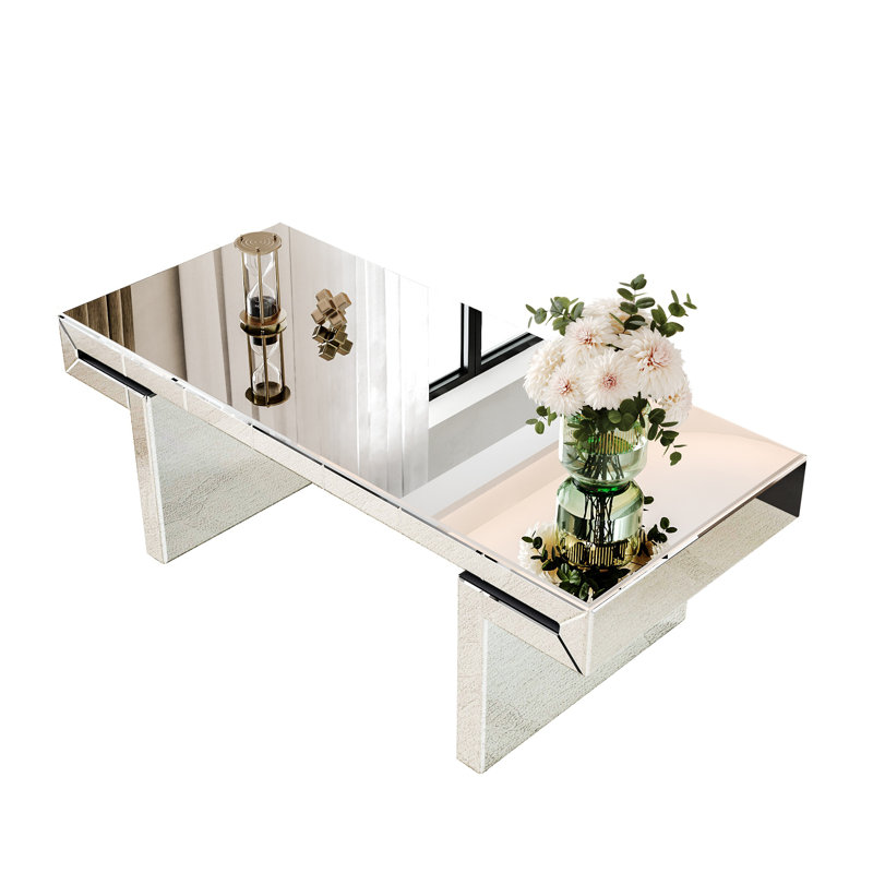 Table basse de luxe rectangulaire à miroir avec plateau en verre cannelé - Console moderne argentée Glam pour le salon