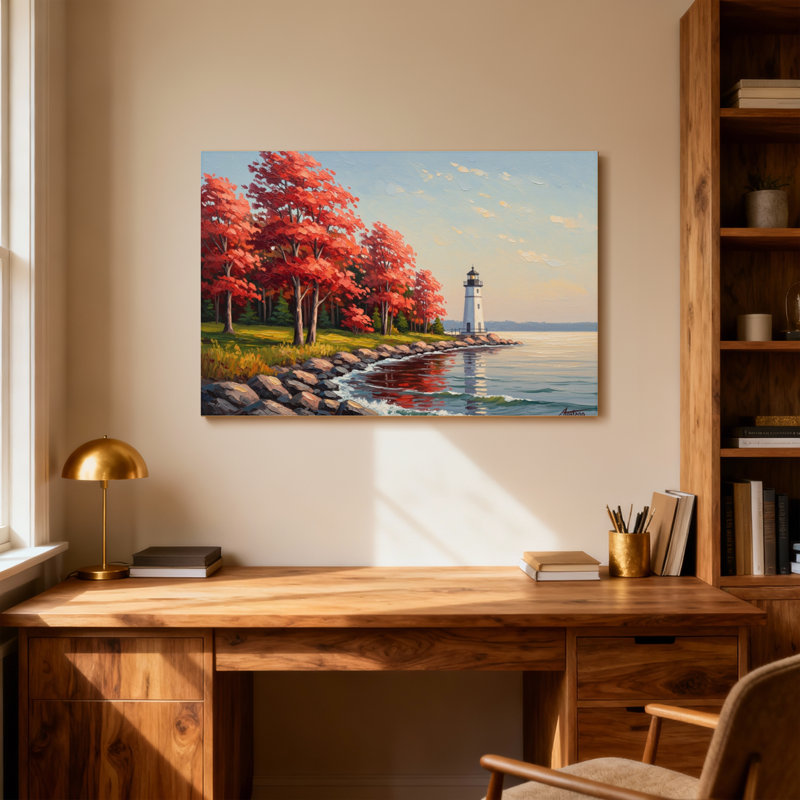 Paysage et nature, arbres d'automne, phare, eau, ciel, réflexions, toile, H 12 po x l 18 po