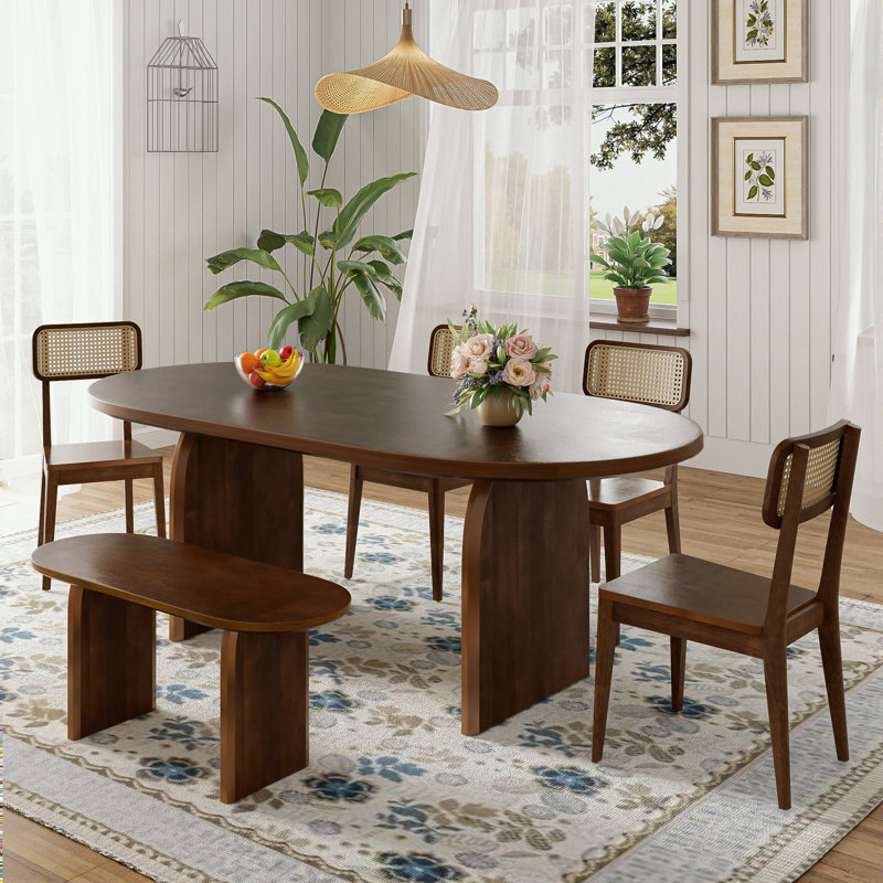 6 Piece Dining Table Set with Bench and 4 chairs, Brown