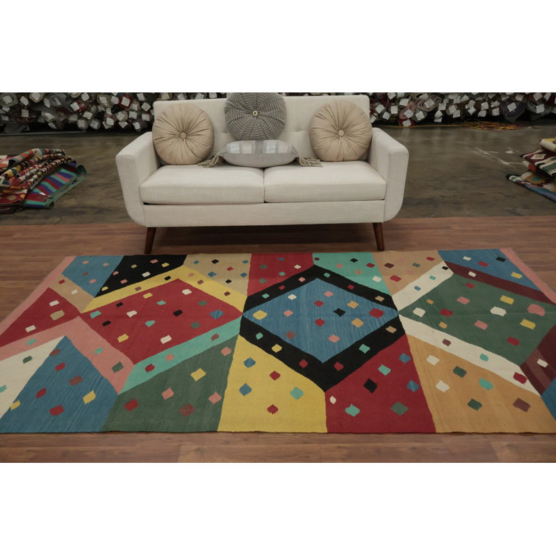 Tapis multicolore à motif géométrique en laine 5 x 9