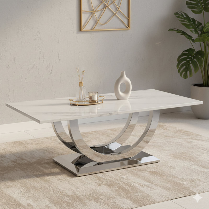 50.4 Inch Contemporary Rectangular Cocktail Table, Marble Pattern MDF Top, Silver Stainless Steel Base.