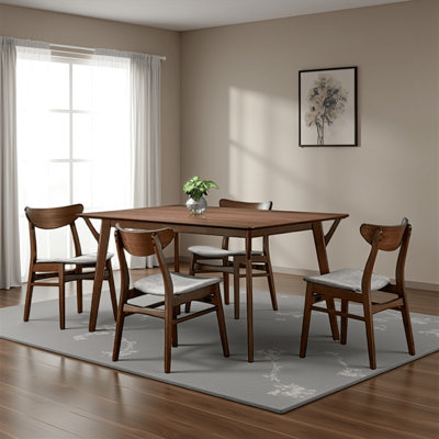 Skie 5Pc Dining Table Set, 4 Chairs, Rectangular, Brown Solid Wood, Gray