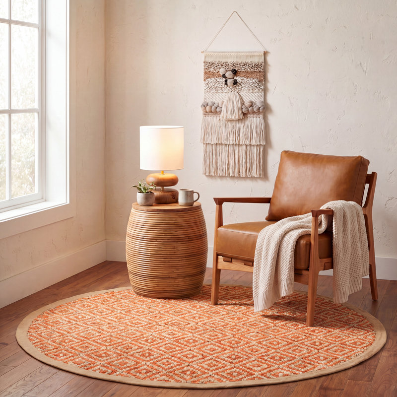 Desai Geometric Handwoven Jute/Sisal Orange/Natural Area Rug, Round 6'