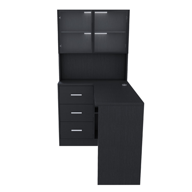 Bureau d'ordinateur avec armoires en verre et lumières DEL intégrées, Noir