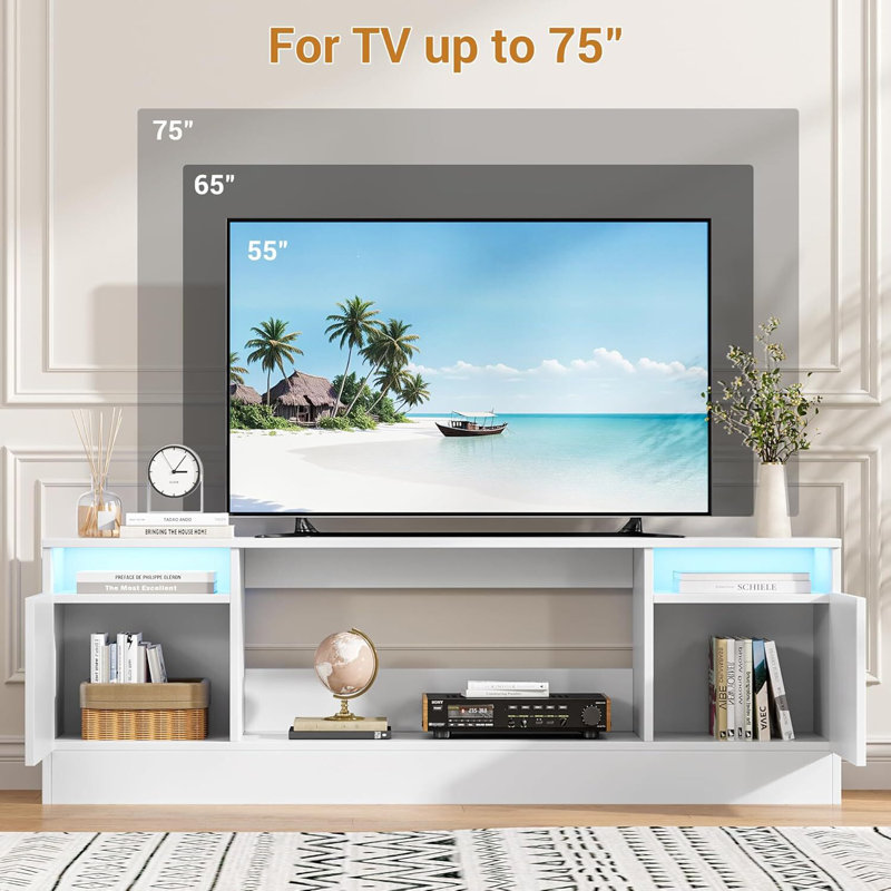 70" TV Stand, With Storage Cabinet, Up To 75", White