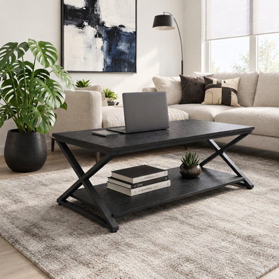 Table basse de 119 cm avec rangement, design à 2 niveaux, plateau en chêne noir et structure en métal de style industriel