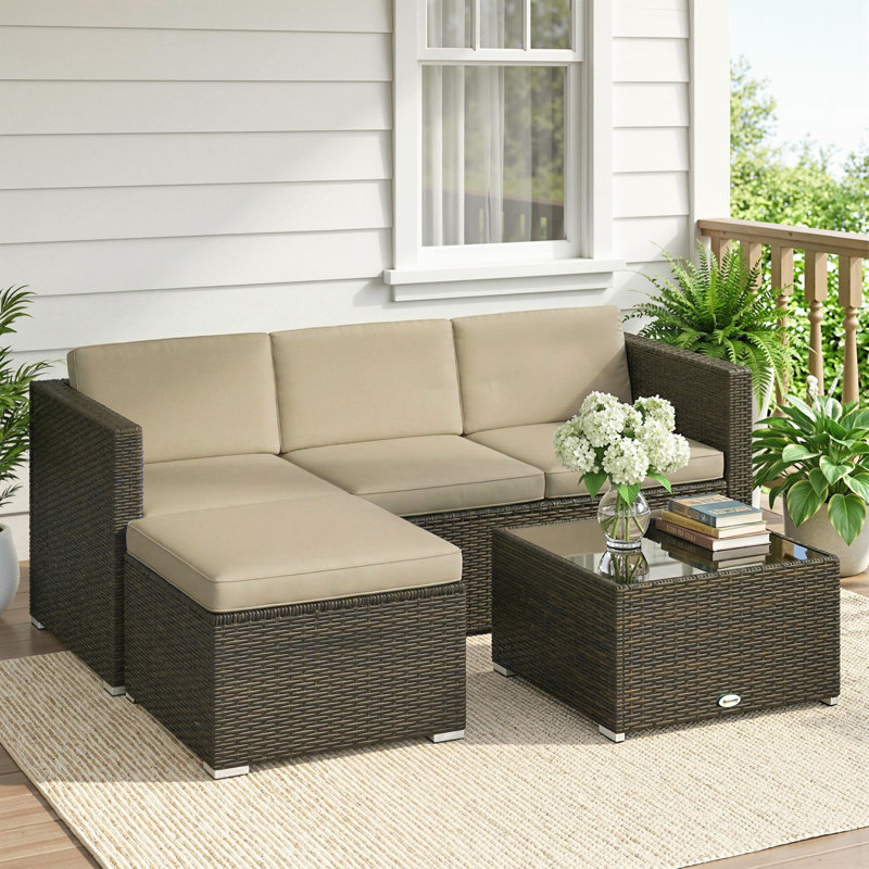 Mobilier de patio en osier avec coussins rembourrés, ensembles de canapé d'angle, kaki, Beige