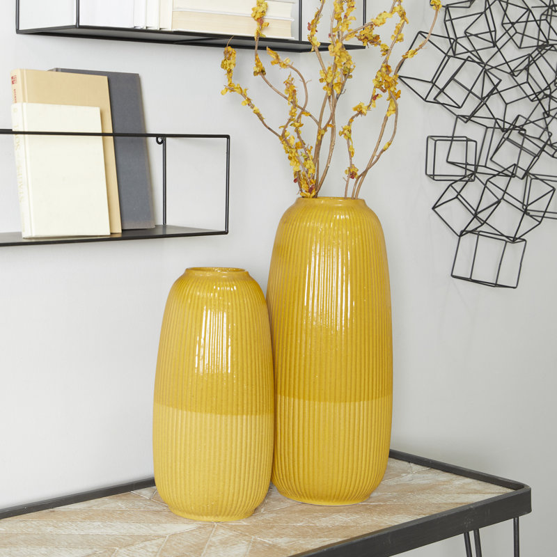 2 Piece Yellow Stoneware Table Vase Set