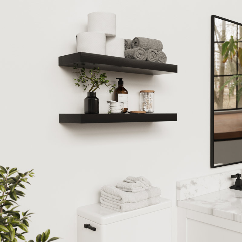 Solid Wood Floating Shelves, Wooden Shelves for Wall Storage, 1.2" H x 24" W x 6.7" D, Noir