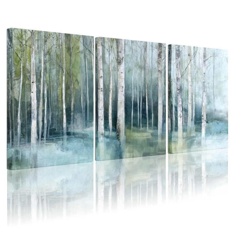 «Birch Tree Forest Landscape», ensemble de 3 reproductions d'art sur toile tendues, H 36 po x l 72 po