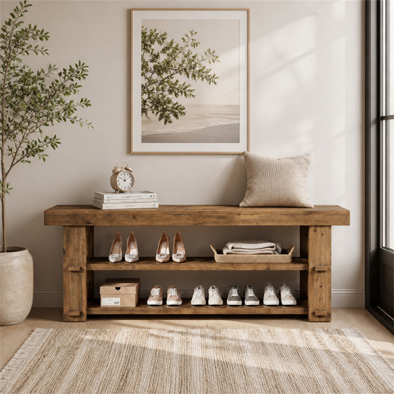 Upholstered Bench with Shoe Storage, Walnut, Walnut