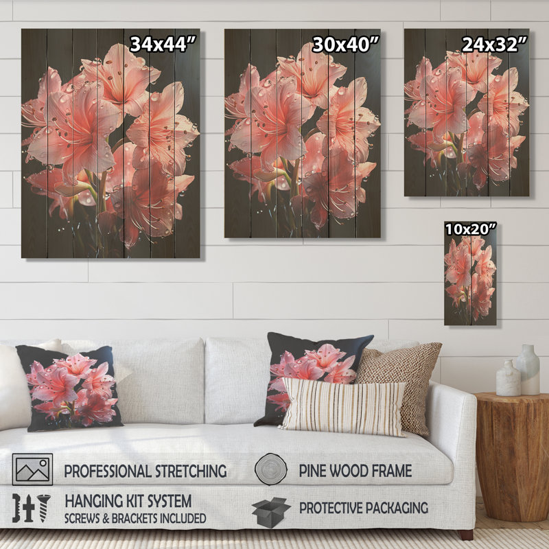 Fleur de lis rose élégance IV - lis sur bois, H 20 po x l 10 po