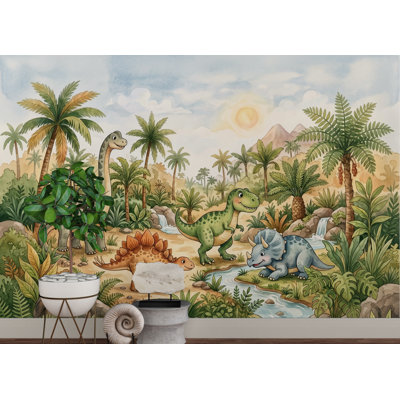 Papier peint et aquarelle de dinosaure aquarelle pour chambre d'enfant, chambre de bébé, salle de jeux - Dessin animé de dinosaures dans un paysage de jungle avec palmiers, rivière, montagnes 1166DRS