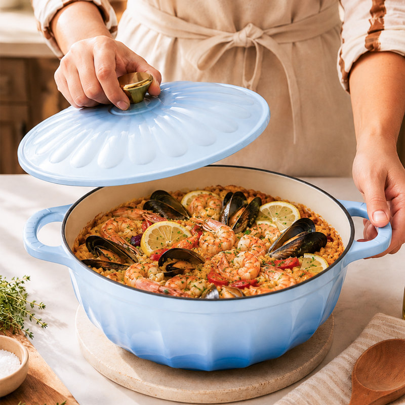Cocotte en fonte émaillée bleue de 7,5 litres en forme de pétale, avec maniques et dessous de plat résistants à la chaleur