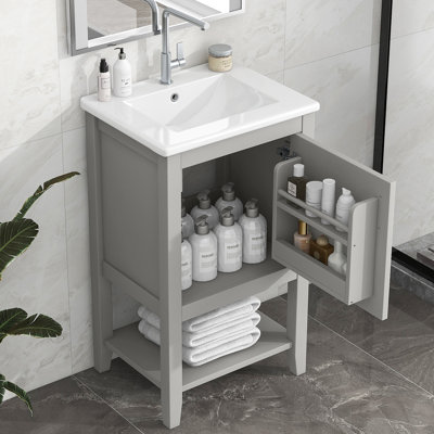 Meuble-lavabo de salle de bain avec lavabo, armoire de salle de bain avec porte à fermeture douce, support de rangement et tablette ouverte