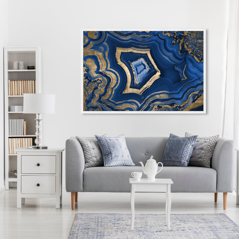 «Blue and Gold Abstract Geode» par Oliver Gal - reproduction, Cadre blanc, H 38 po x l 38 po