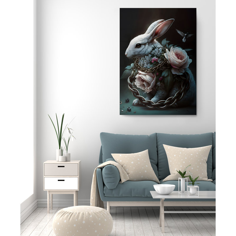 Lapin avec des fleurs sur toile, H 24 po x l 16 po x P 1 po