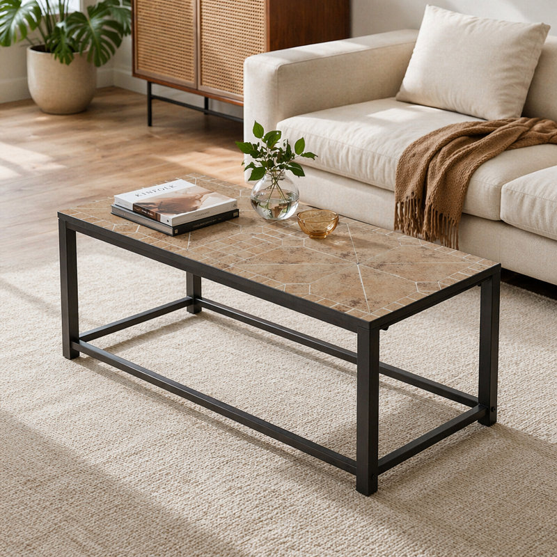 Table basse, accent, cocktail, rectangulaire, salon, L 42 po, carrelage brun, métal brun, transitionnel, Brown
