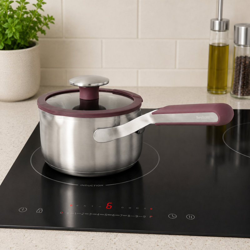 Casserole BergHOFF Elements en acier inoxydable 18/10, 16 cm (6,25 po), 1,5 l (1,5 pinte), avec couvercle en verre, violette