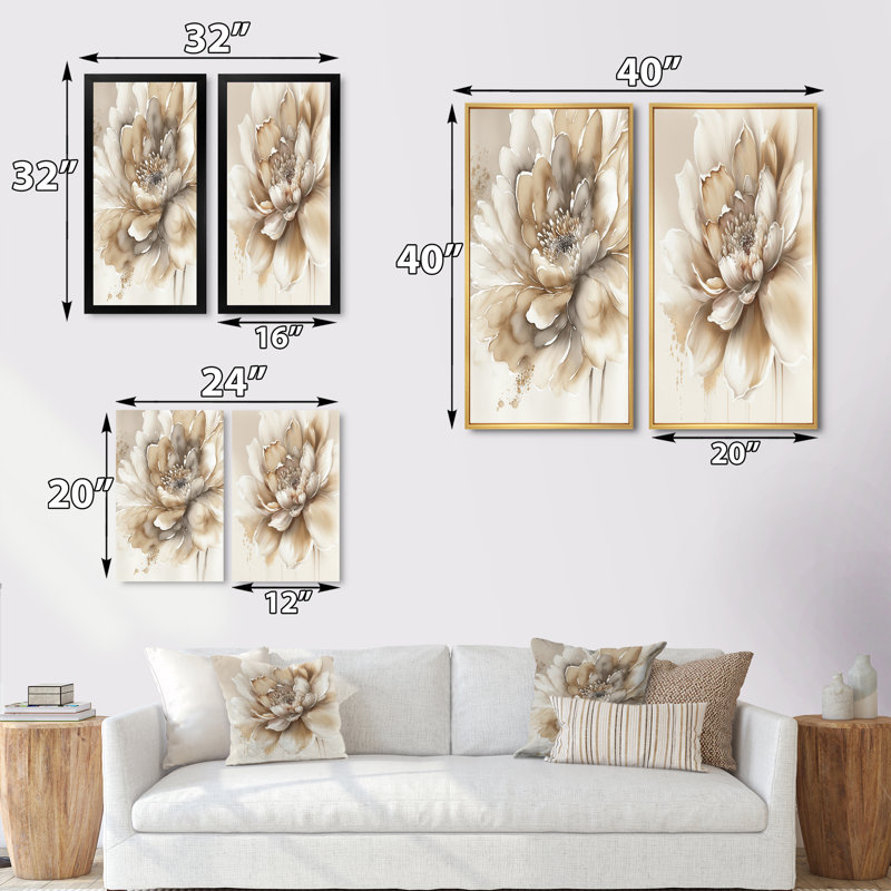 2 pièces sur toile - Fleur beige simple, H 40 po x l 40 po, Cadre noir
