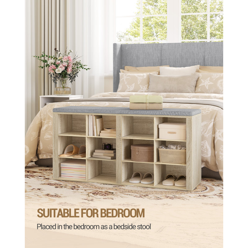 Shoe Storage Bench with Padded Seat, Shoe Rack Bench with 12 Open Compartments, Adjustable Shelves, Shoes Cabinet with Cushion for Hallway, Living Room, Bedroom, Entryway 