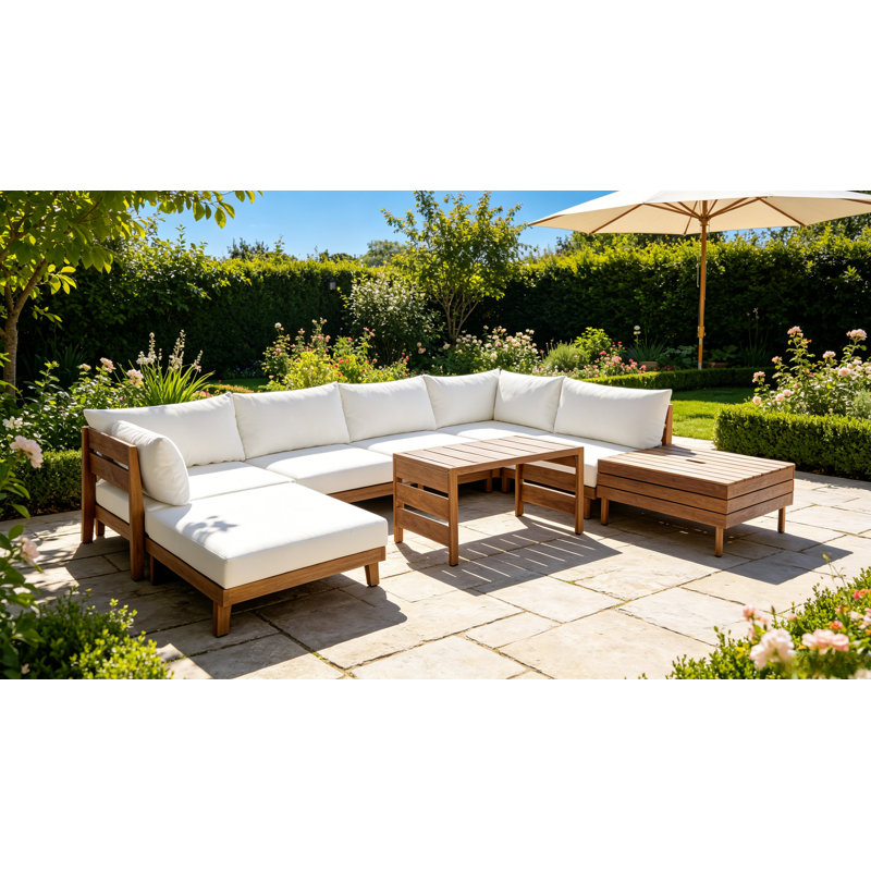 Ensemble de 8 meubles de patio modulaires d'extérieur en bois d'acacia, canapé modulaire rembourré beige avec table basse de rangement pour la cour