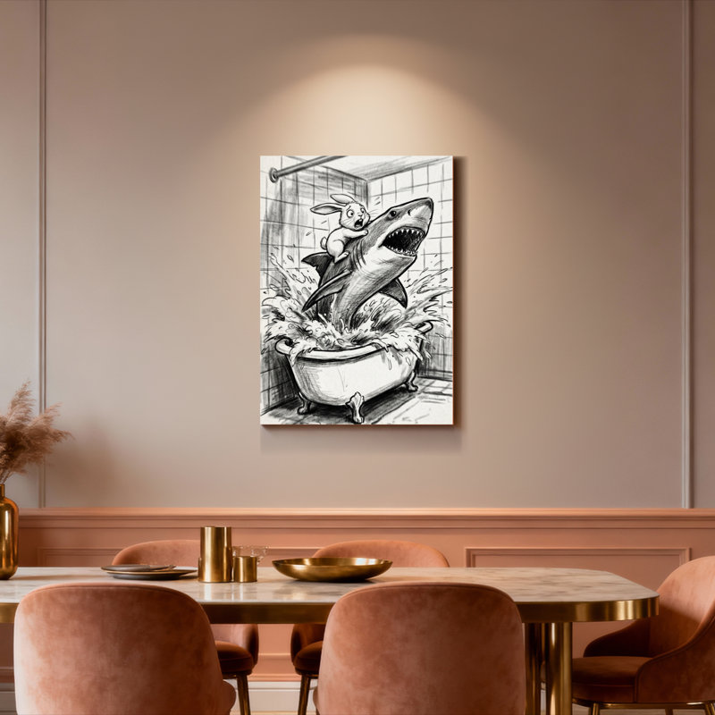 Requin et lapin dans une baignoire, art mural tendu sur toile noir et blanc, H 18 po x l 12 po