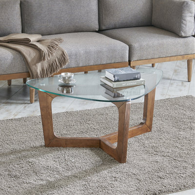 Table basse 28 po en bois de pacanier avec verre moderne de 42 po de largeur