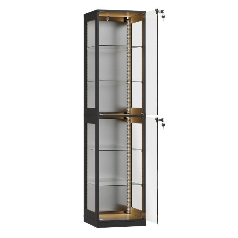 Vitrine verrouillable en verre H 66,1 po - fond miroir, DEL 3 couleurs, 6 tablettes