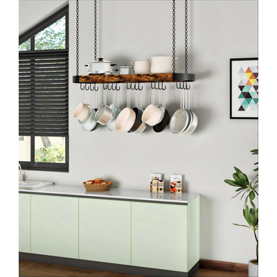 Support suspendu pour casseroles, système gain de place pour la cuisine, fixation au plafond avec 16 crochets en S amovibles, structure métallique robuste, style industriel (brun rustique et noir).