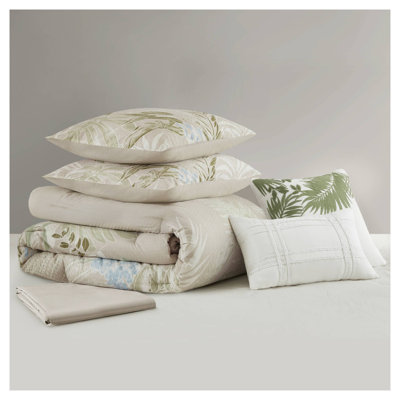6-Piece Taupe Cotton Comforter Set with Tropical Print & Decorative Throw Pillows