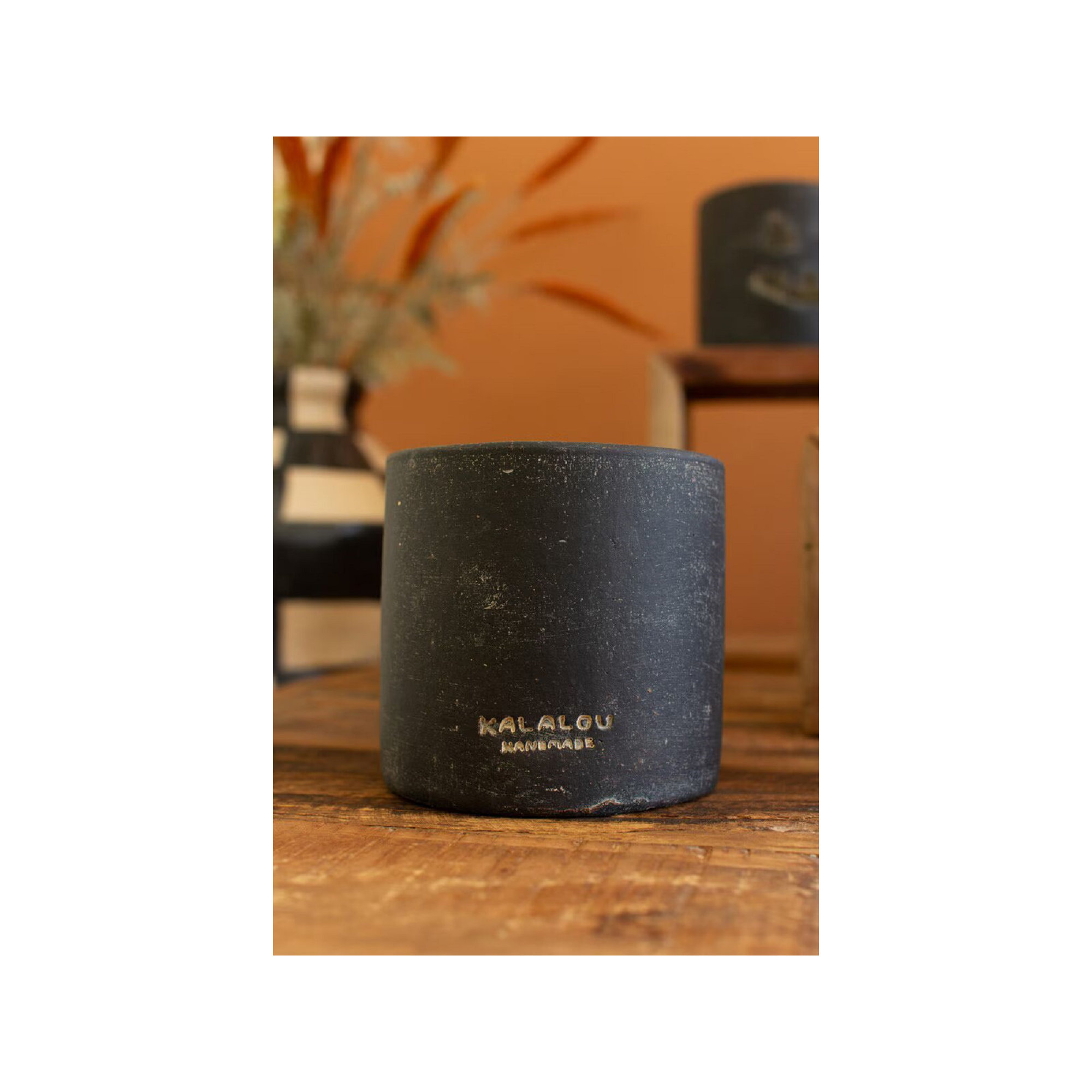 SHORT BLACK CLAY JACK-O-LANTERN, 4" H x 4" W x 4" D