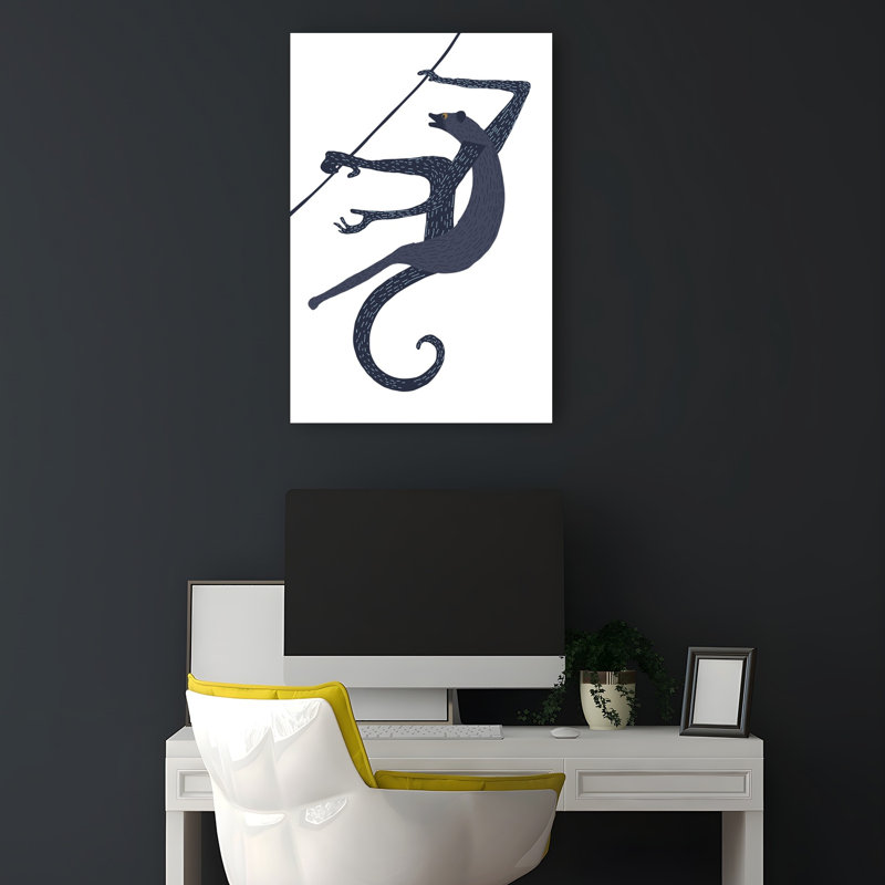 Illustration murale contemporaine abstraite représentant une créature bleue curieuse grimpant, 18" H x 12" W