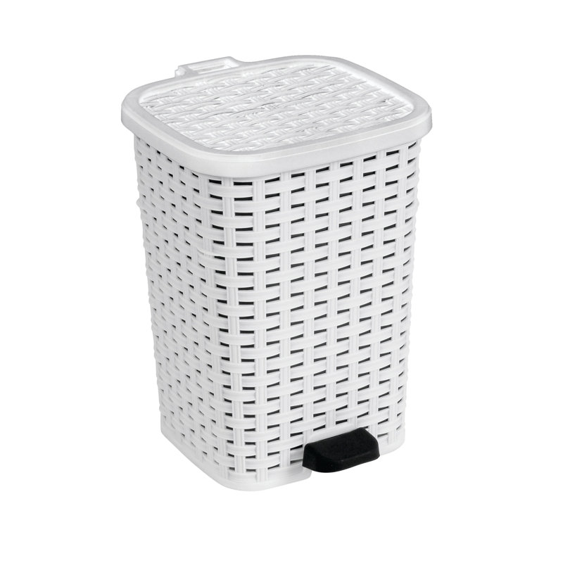White Wicker Style Plastic Pedal Trash Can, 3 Gallons