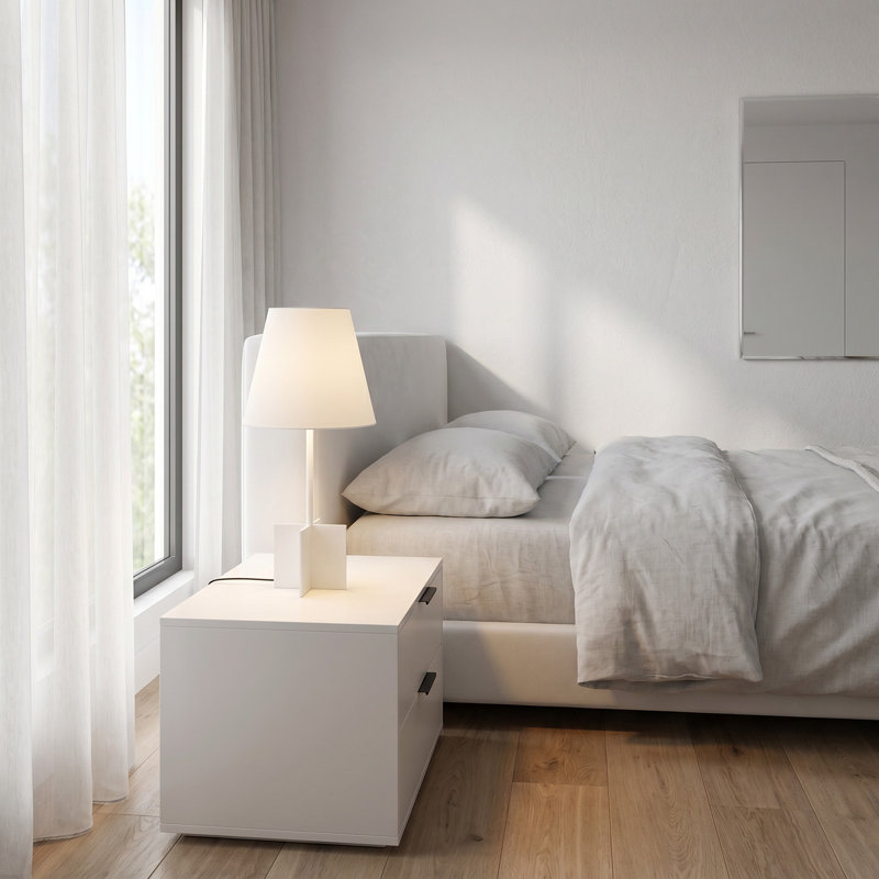 Kelly Wearstler Blocco 1 Light Bedroom Home Office Living Room Lamp With White Linen Shade, Clear, White