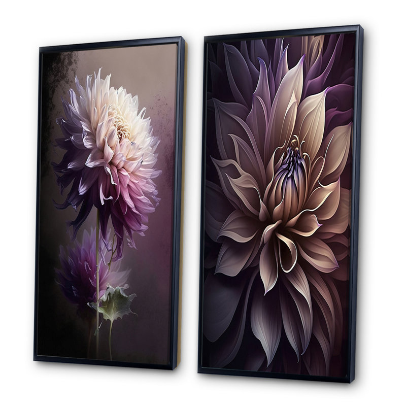 «Mauve fleur de dahlia», 2 pièces sur toile, H 32 po x l 32 po, Cadre noir
