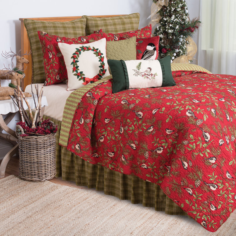 Chickadee Red Cotton Reversible Quilt Set, King Quilt + 2 Shams