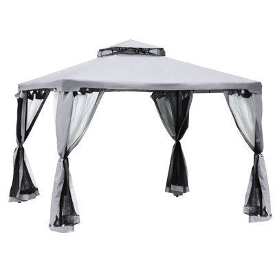 Gray Patio Gazebo, 9.6' X 9.6', 2 Roof Canopy With Netting, Steel Frame For Garden, Lawn, Backyard And Deck, -Blocking, Rain