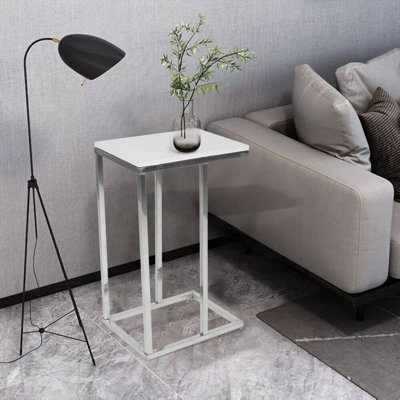 High Gloss White Side Table - C Table Coffee Table - Bed Side Table - Snack Table - Under Sofa Table - End Tables Living Room Chrome Metallic Frame (40D x 30W x 66H)