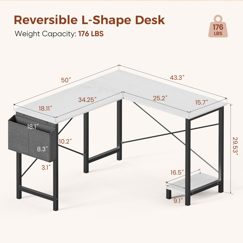 Bureau d'ordinateur en L Nahant avec chaise ergonomique multifonctionnelle à haut dossier, Blanc/Noir