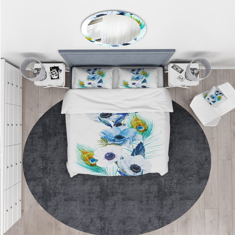 Ensemble de housse de couette anémones et plumes de paon peintes à la main Designart, Housse simple + 1 taie décorative